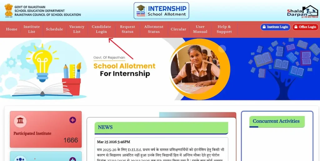 Official homepage screenshot showing the Candidate Login option